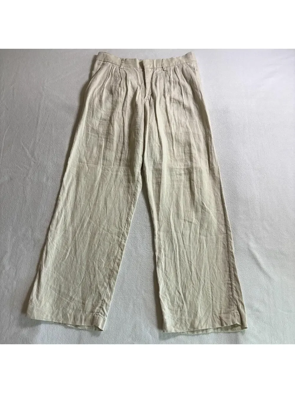 H&M Linen Wide Leg Pants Womens US 31 Fits Like 31X28 Beige Loose Trouser Casual